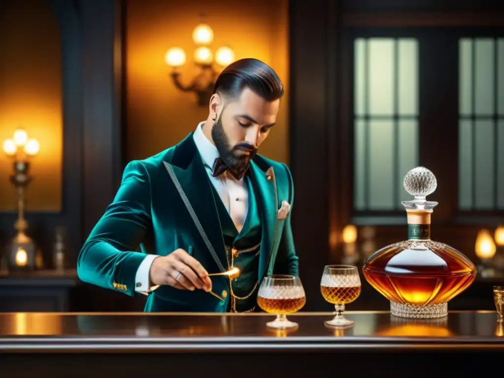 Exclusivo club de los 1900: elegancia y misterio con destilados exóticos Un selecto club de los años 1900, con elegantes personas disfrutando destilación de bebidas alcohólicas exóticas