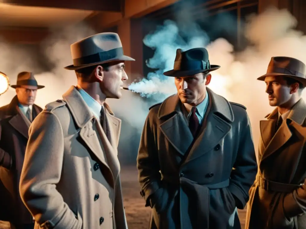 Set de Film Noir de los 40: ensayo bajo la luz tenue Un set de cine noir de los años 40 con actores ensayando, cámara vintage y humo de cigarrillo
