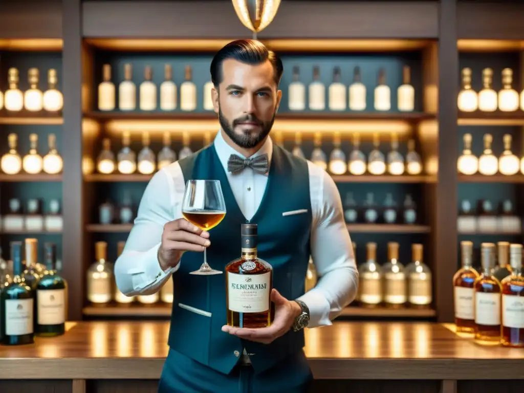 Sommelier experto disfrutando un destilado premium Un sommelier evalúa destilados premium en una escena sofisticada y cautivadora