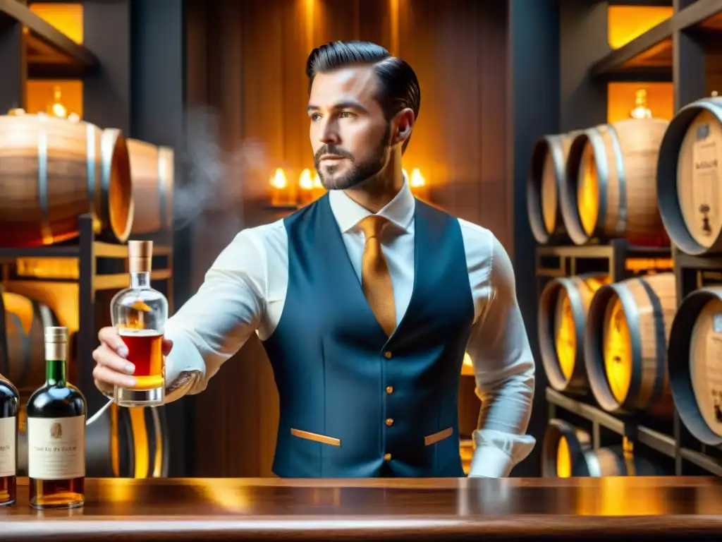 Sommelier experto degustando destilados premium con elegancia Un sommelier experto evalúa destilados premium con elegancia en bodega
