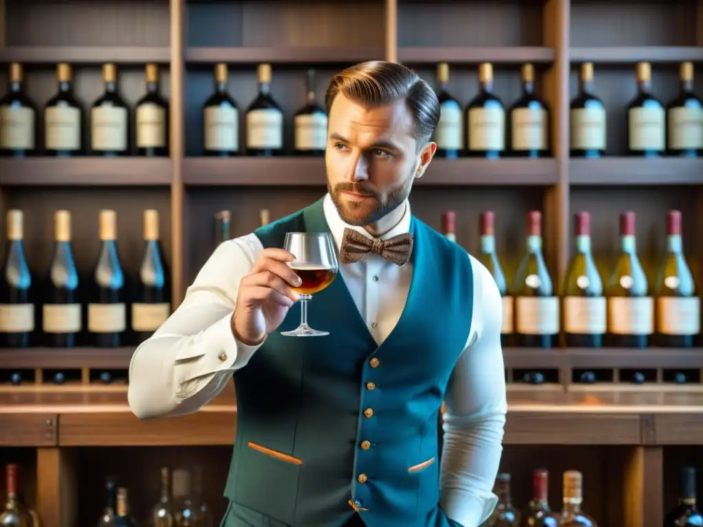 Experto sommelier analizando bebidas alcohólicas vintage Un sommelier experto examina con detalle una selección de bebidas alcohólicas en una atmósfera elegante