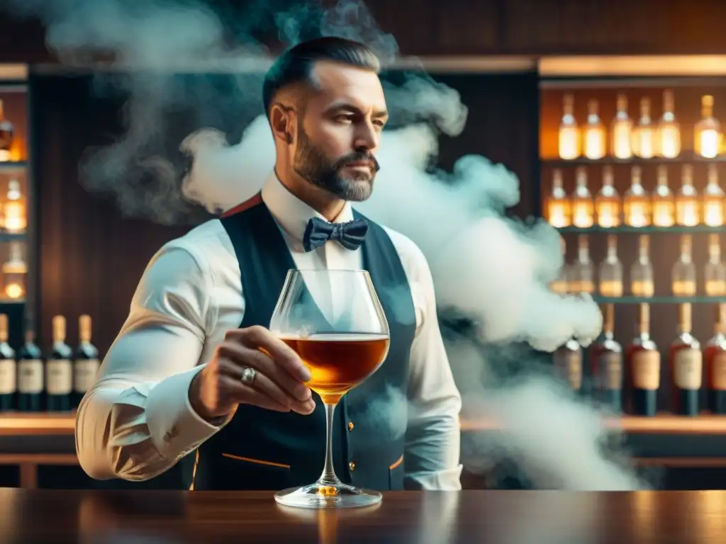Experto sommelier degustando whisky: fusión de tradición y tecnología Un sommelier experto remueve un vaso de whiskey ámbar, fusionando técnicas modernas con la tradición de la cata de destilados