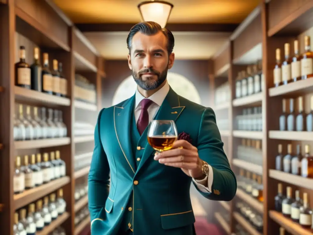 Maestro sommelier apreciando whisky en detalle Un sommelier experto en whisky, resaltando la importancia de los sentidos destilados