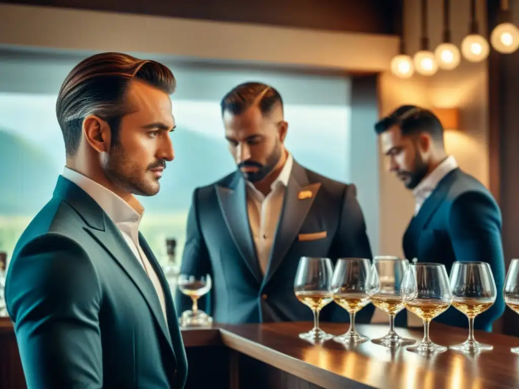 Sommeliers expertos catando licores premium en sala elegante Sommeliers evaluando destilados premium en una cata refinada