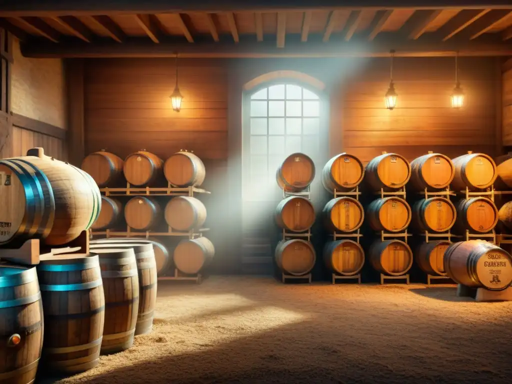 Un sótano antiguo iluminado por velas con barriles de bebidas alcohólicas envejeciendo