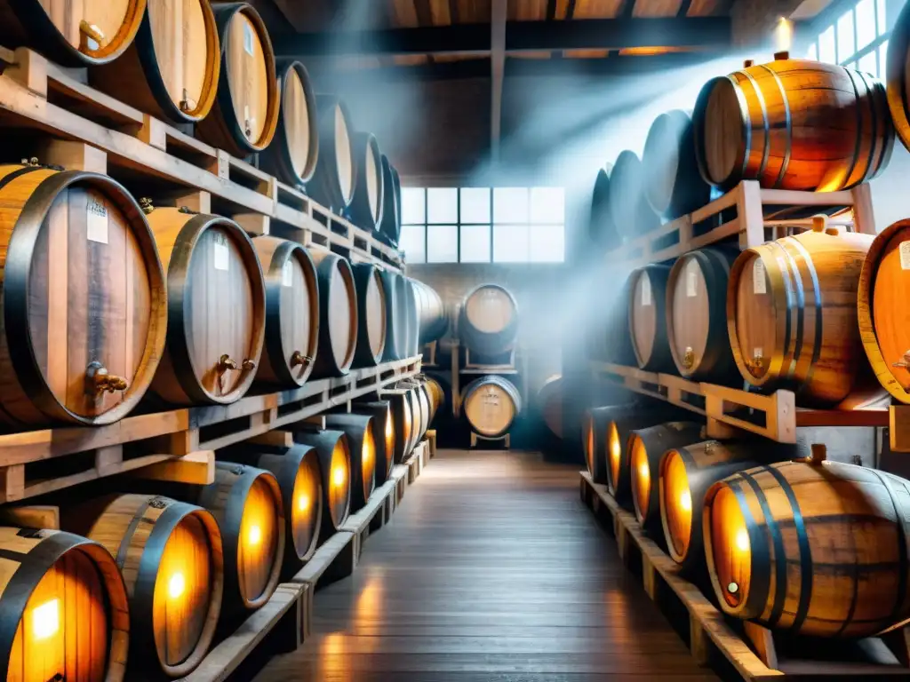 Barrel de roble: aroma y sabor en bodega Un sótano atmosférico iluminado débilmente con barriles de madera envejeciendo licores