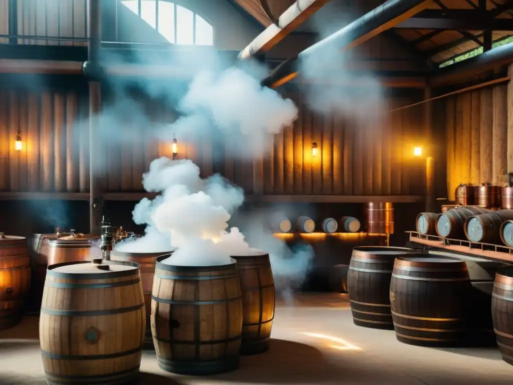Destilería antigua: aroma y tradición en el campo Un taller sobre materias primas destilación en un antiguo y pintoresco alambique, barriles de madera y equipo de cobre brillante bajo el sol