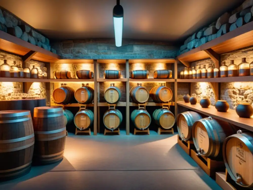 Destilería vintage: tradición e innovación en 8k Un taller de destilería vintage con barricas de roble, equipo de cobre y botánicos, creando un ambiente sofisticado de arte en la regulación de destilados infusionados