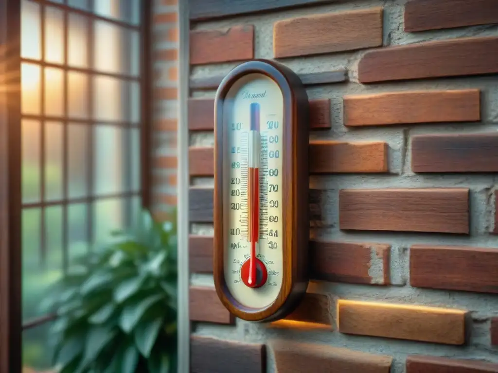 Termómetro de madera antiguo con escritura a mano y condensación Un termómetro antiguo de madera cuelga en una pared rústica, destacando las diferentes temperaturas