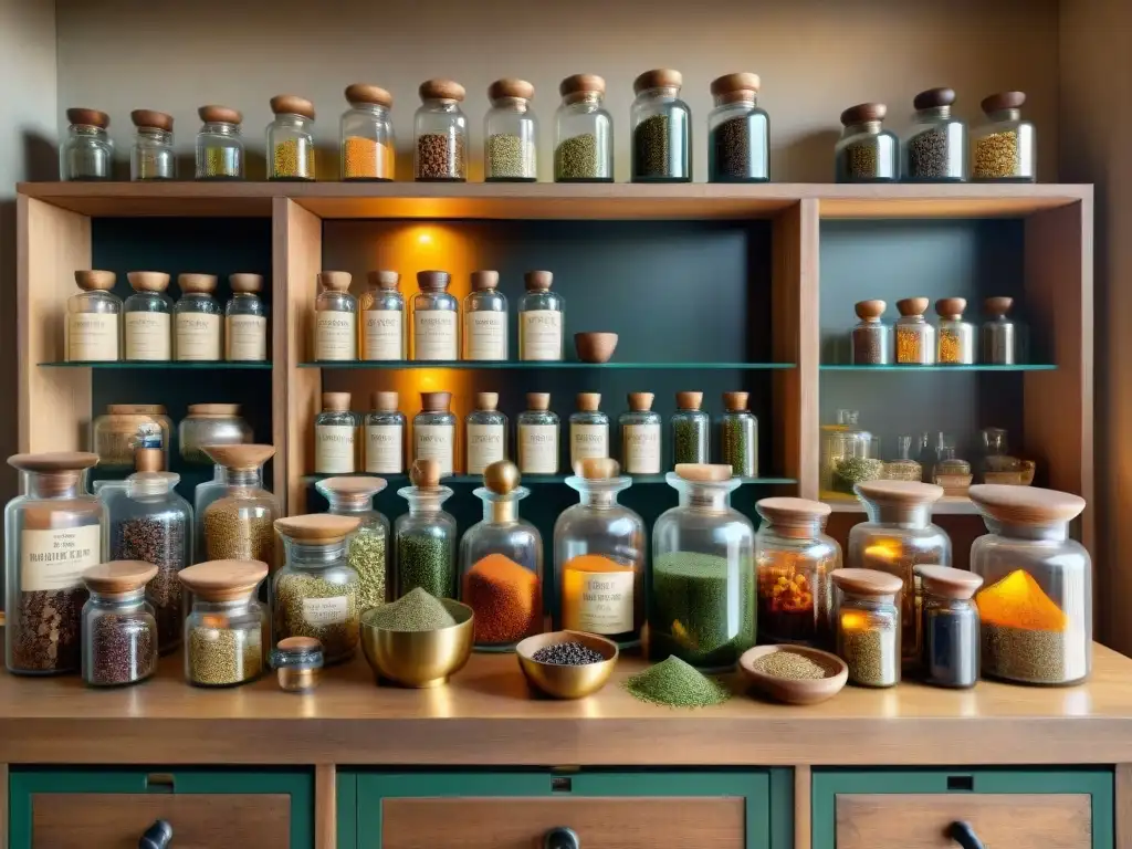 Tienda de hierbas vintage: Detalles en 8k Una tienda de botánicos en destilación de licores, con ingredientes en tarros de vidrio y cajas de madera