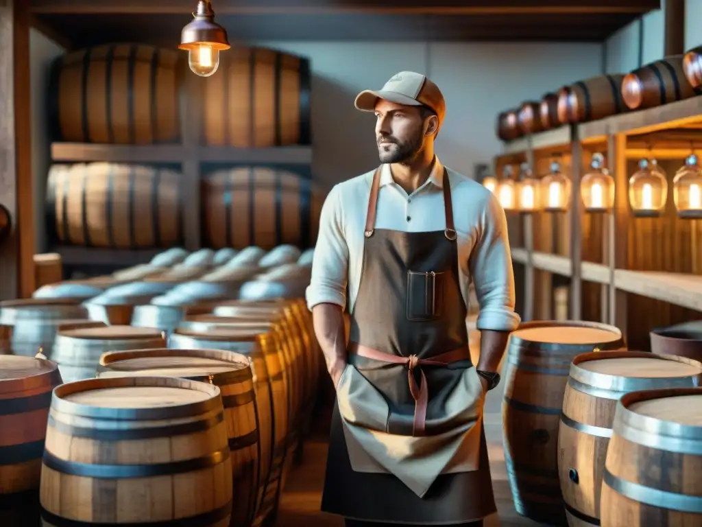 Trabajador de destilería antigua inspeccionando barriles de licor en ambiente cálido y tradicional