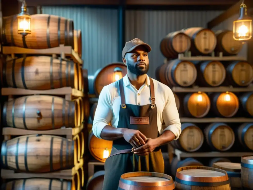 Un trabajador histórico de destilería en Jack Daniel's, inspeccionando barricas de roble