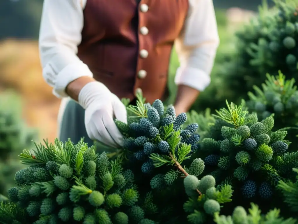 Artesano de destilería seleccionando bayas de enebro en jardín botánico Un trabajador de destilería vintage selecciona bayas de enebro en un jardín botánico al sol, evocando la artesanía detrás del proceso de destilación