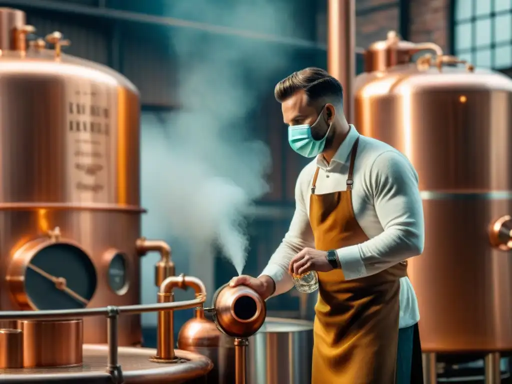 Trabajador de destilería vintage con mascarilla: tradición y seguridad Trabajador en destilería vintage, realizando destilación sostenible durante pandemia