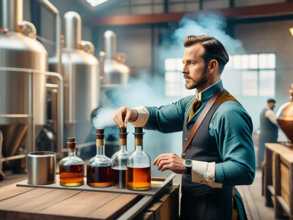 Destilería del siglo XIX: arte y tecnología en la elaboración de licores Trabajadores en destilería del siglo XIX, fusionando tradición y Tecnologías para preservar destilados