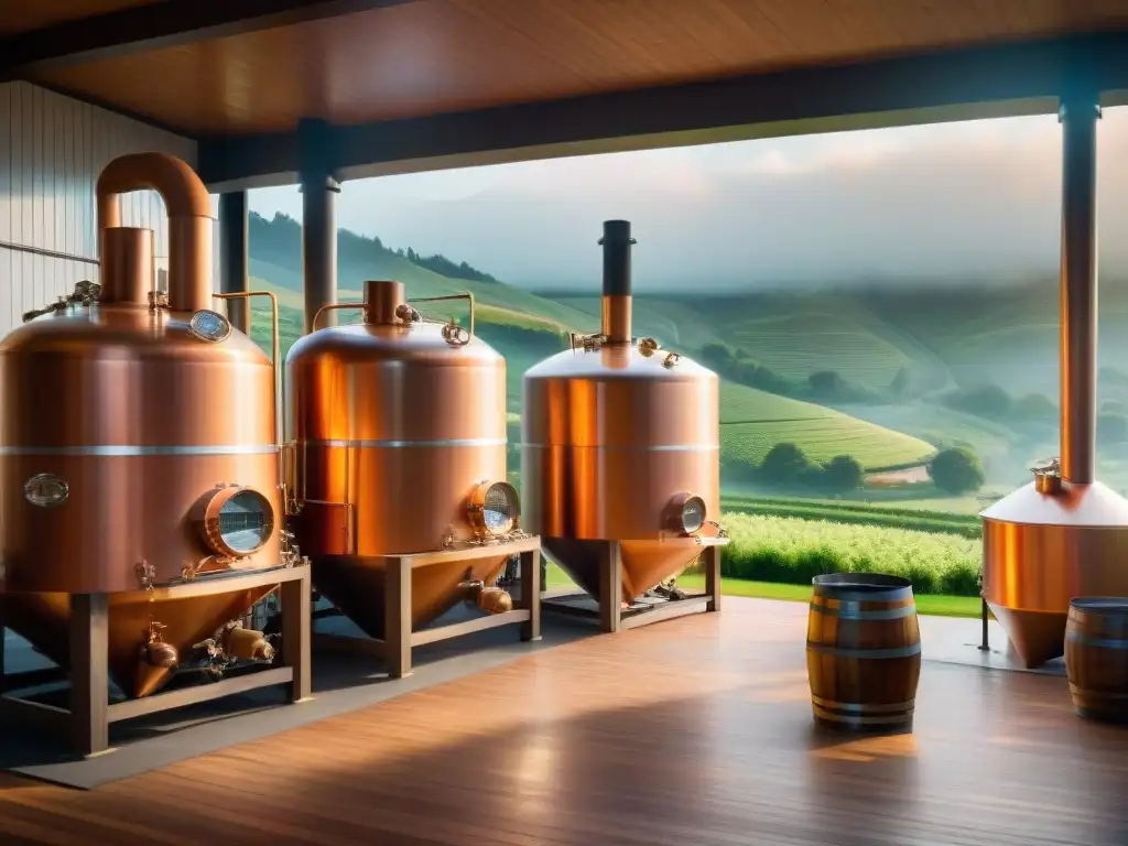 Destilería tradicional: doble fermentación en entorno campestre Tradicional destilería de madera con fermentación dual en un idílico paisaje campestre