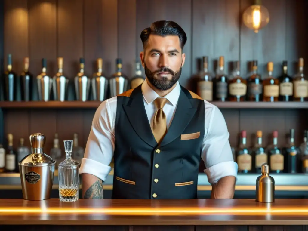 Uniforme de bartender vintage: sofisticación y funcionalidad Vestimenta exclusiva para bartenders: Detalle 8k de uniforme vintage en bar con herramientas de coctelería