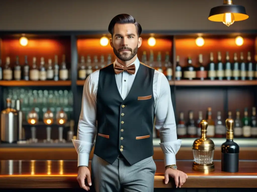 Diseño de uniforme de bartender vintage elegante en 8k Vestimenta exclusiva para bartenders: Diseño elegante y profesional con camisa blanca, chaleco negro, corbata de lazo y delantal de cuero