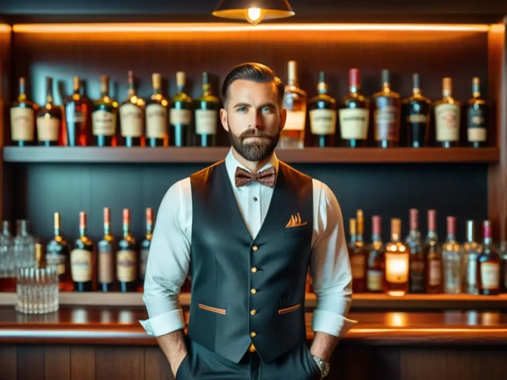 Detalles bordados en vestimenta de bartender vintage en speakeasy Vestimenta exclusiva para bartenders en un elegante bar clandestino