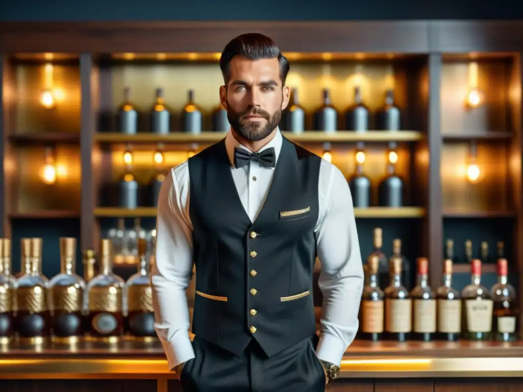 Uniforme de camarero vintage con detalles dorados en un elegante bar de cócteles Vestimenta exclusiva para bartenders: Uniforme vintage con chaleco negro y bordados dorados, camisa blanca y pantalones negros