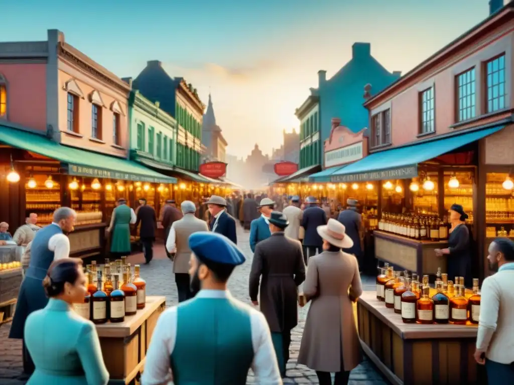 Mercado vintage con licores infusionados en la década de 1900 Vibrante mercado de destilados infusionados en la década de 1900, reflejando la regulación y el arte de la época