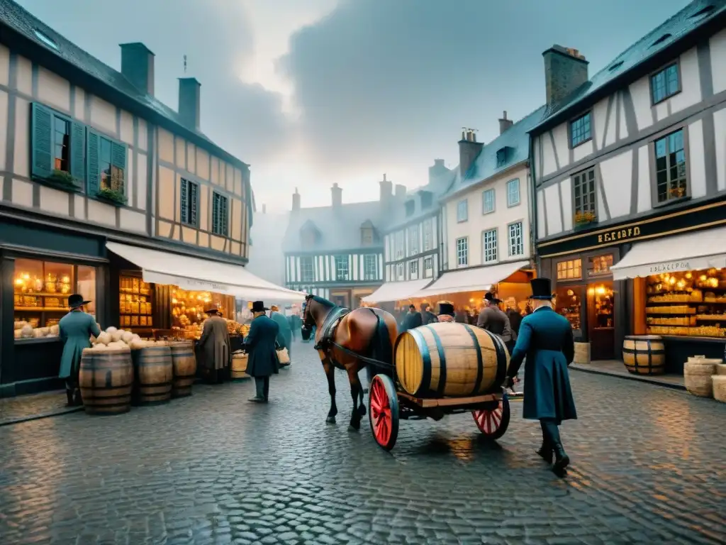 Mercado del siglo XVIII: comercio de brandy en Europa Vibrante mercado del siglo XVIII en Europa, con comerciantes, elegantes clientes y carruajes, bajo un cielo nublado