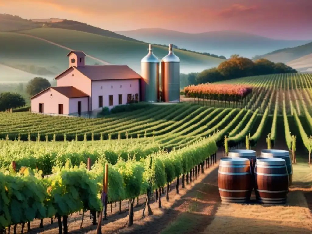 Viñedo al atardecer: tradición e innovación en destilación de vino Un viñedo al atardecer con destiladora de cobre, barriles de vino y cielo anaranjado, reflejando la genética en la destilación de vino