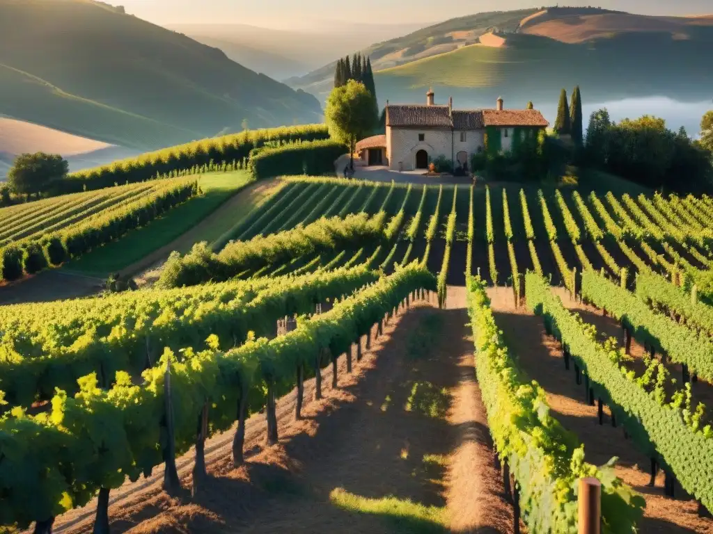 Viñedo dorado al atardecer: Genética en la Destilación de Vino Un viñedo al atardecer con uvas maduras bañadas por la luz dorada del sol