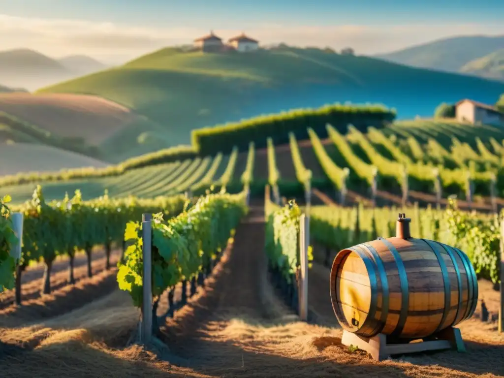 Un viñedo exuberante al atardecer, con certificaciones sostenibilidad destilados significado