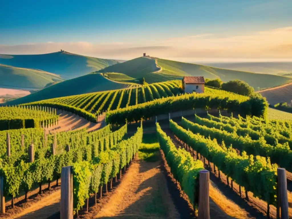Viñedo atemporal: Cambio Climático y Destilados Un viñedo pintoresco al atardecer, con filas de viñas bajo un cielo azul y un letrero que dice 'Envejecimiento destilados cambio climático bioquímica'