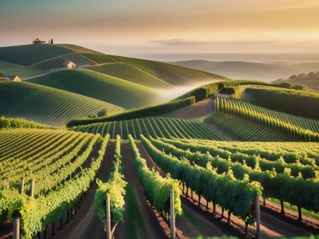 Un viñedo sereno al atardecer, con filas de uvas bajo un cielo dorado