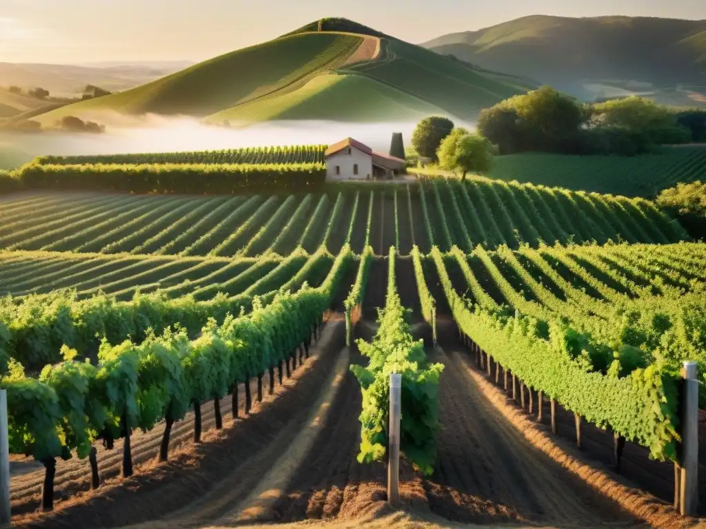 Viñedo sostenible al atardecer: tradición y naturaleza en destilados eco Un viñedo sostenible bajo el sol poniente, con filas de vides y la calidez de la tradición en la producción de bebidas destiladas sostenibles