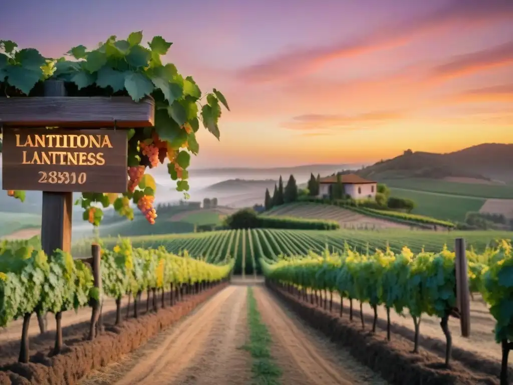 Viñedo al atardecer: encanto genético enológico Un viñedo tradicional al atardecer con filas de uvas, un letrero de madera y la cálida luz de faroles entre las vides