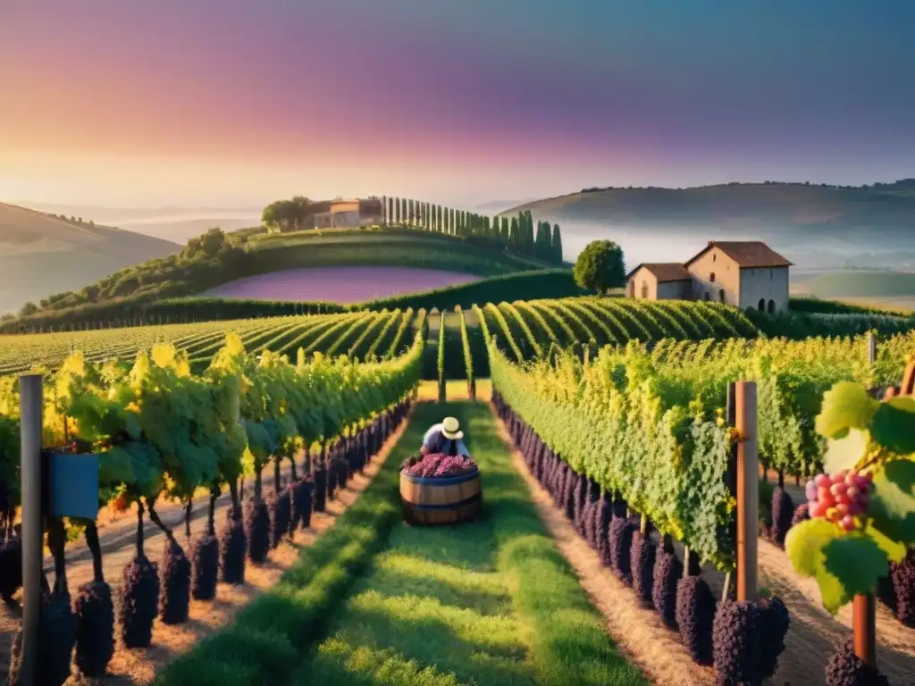 Viñedo vintage al atardecer: cosecha de uvas y tradición Un viñedo vintage al atardecer, uvas moradas y cosechadores con trajes tradicionales, destilando genética en la viticultura