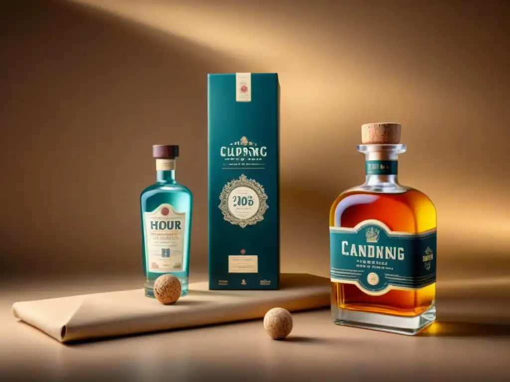Una ilustración vintage detallada muestra cierres innovadores para destilados, desde corchos clásicos hasta tapas metálicas modernas
