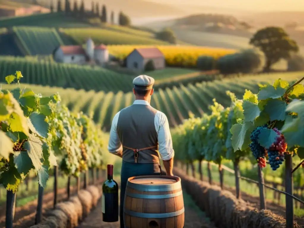 Viñedo al atardecer: pasión y tradición en la producción de vino Vista mágica de viñedo al atardecer, destilando la genética en la producción de vino