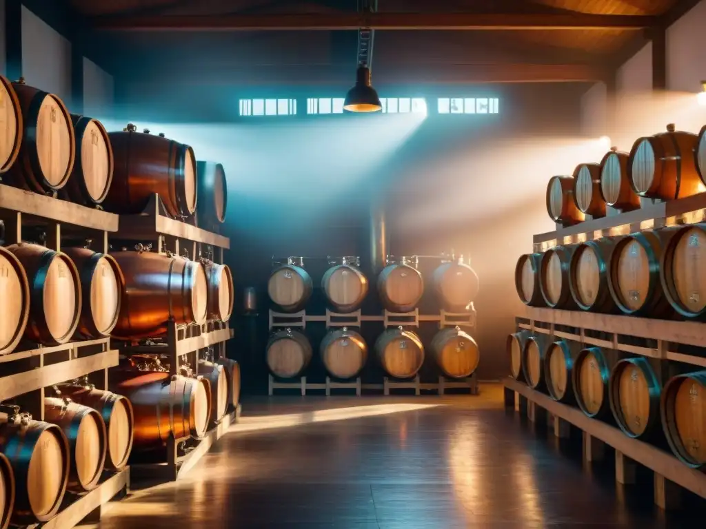 Destilación de whisky en destilería antigua: detalle en 8k Guía de destilación de whisky: Antigua destilería de whisky iluminada con luz tenue y alambiques de cobre relucientes en el ambiente vintage